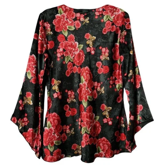 VTG Rave Womens Black Satin Floral Butterfly Kimono Bell Sleeves V-Neck Top L - Picture 5 of 8
